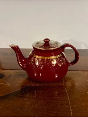 Hall Burgundy Ceramic Teapot with Gold Floral Accent